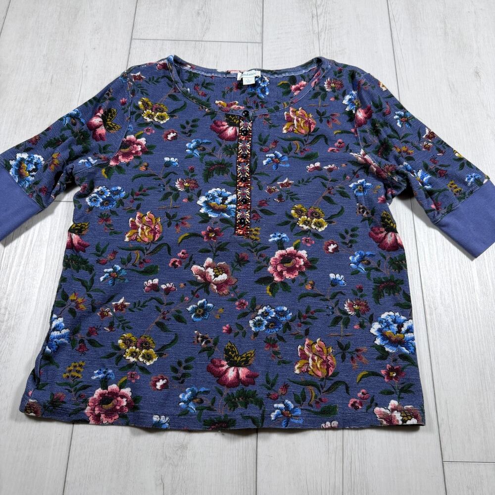 Sundance Floral Waffle Knit Henley Top Blue Cotton Embroidered Placket Boho L